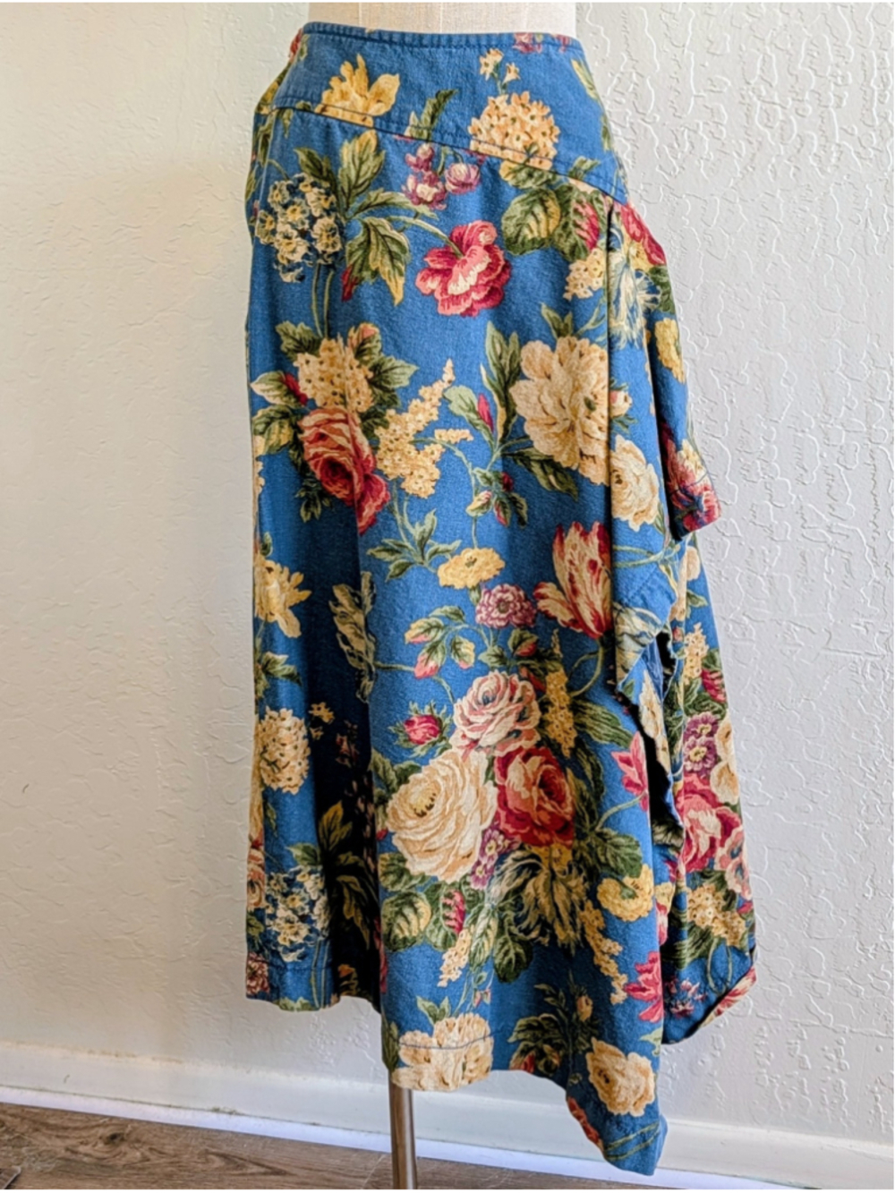 Handmade Floral Wrap Skirt Cottagecore Asymmetrical Midi Blue Romantic Prairie